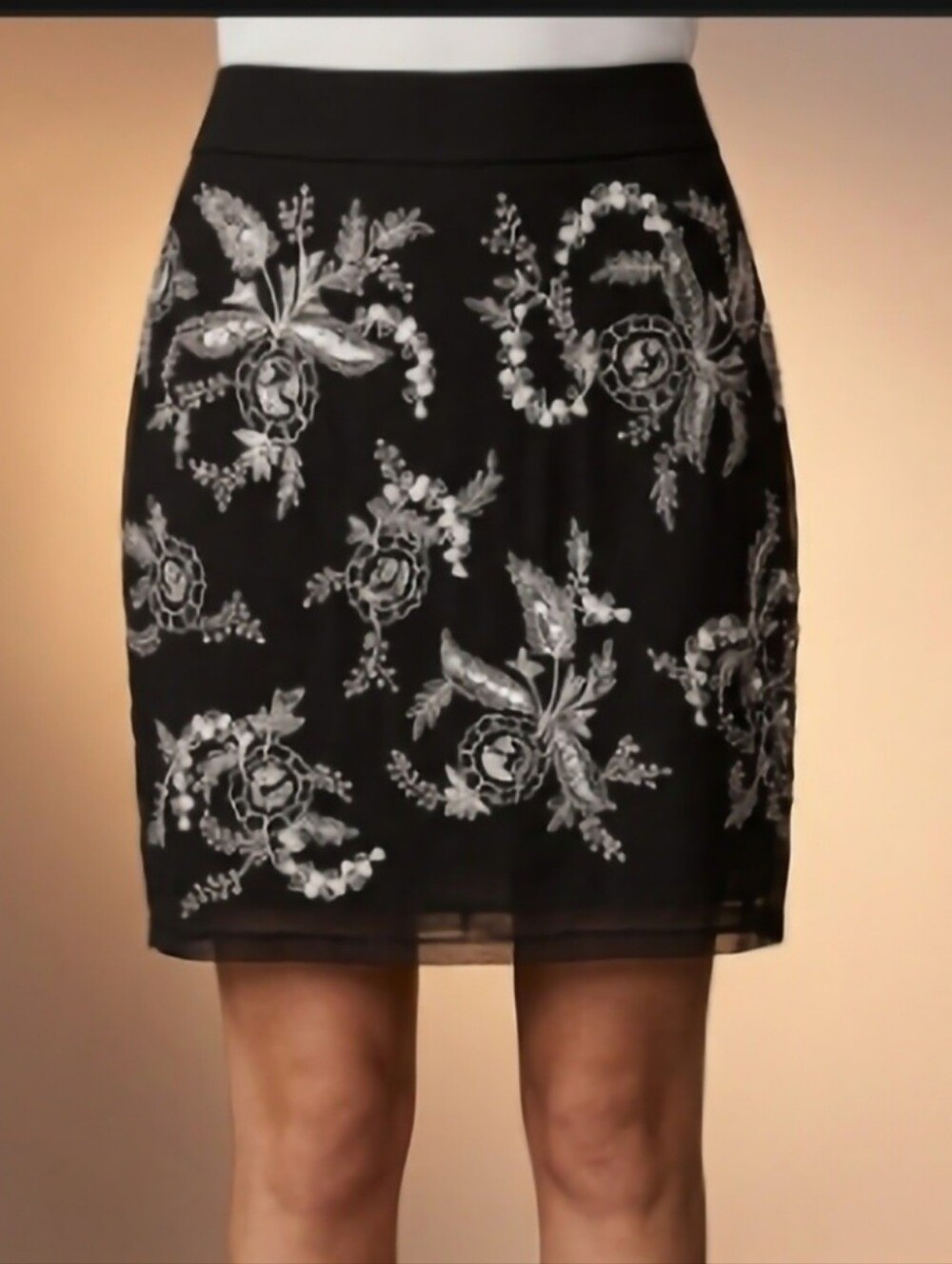 Club Monaco Black Mini Skirt with Silver Floral Sequin Embroidery